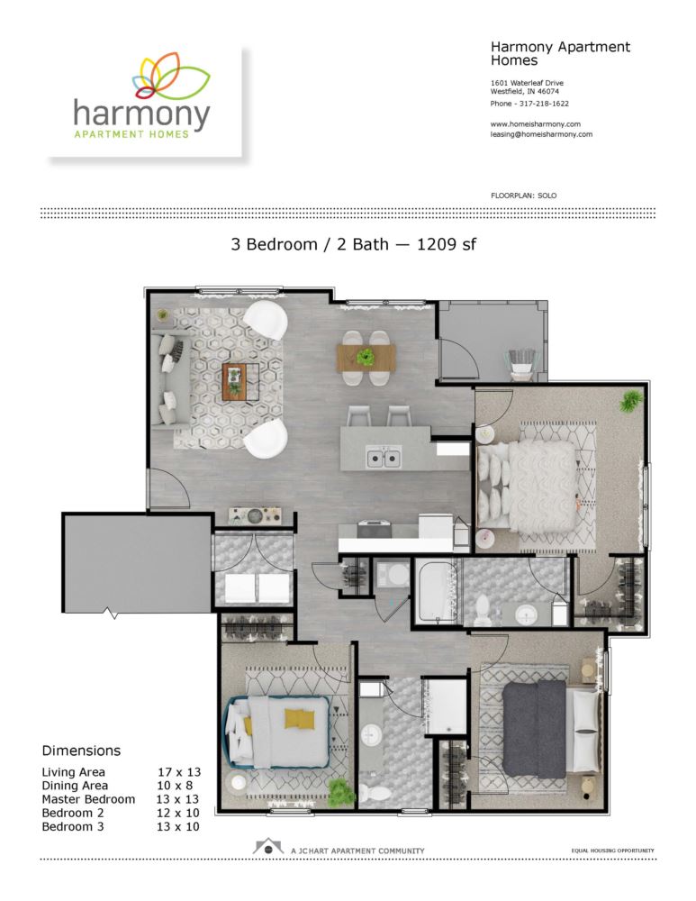 Solo 3 Bedroom Floor Plan | Harmony Apartment Homes